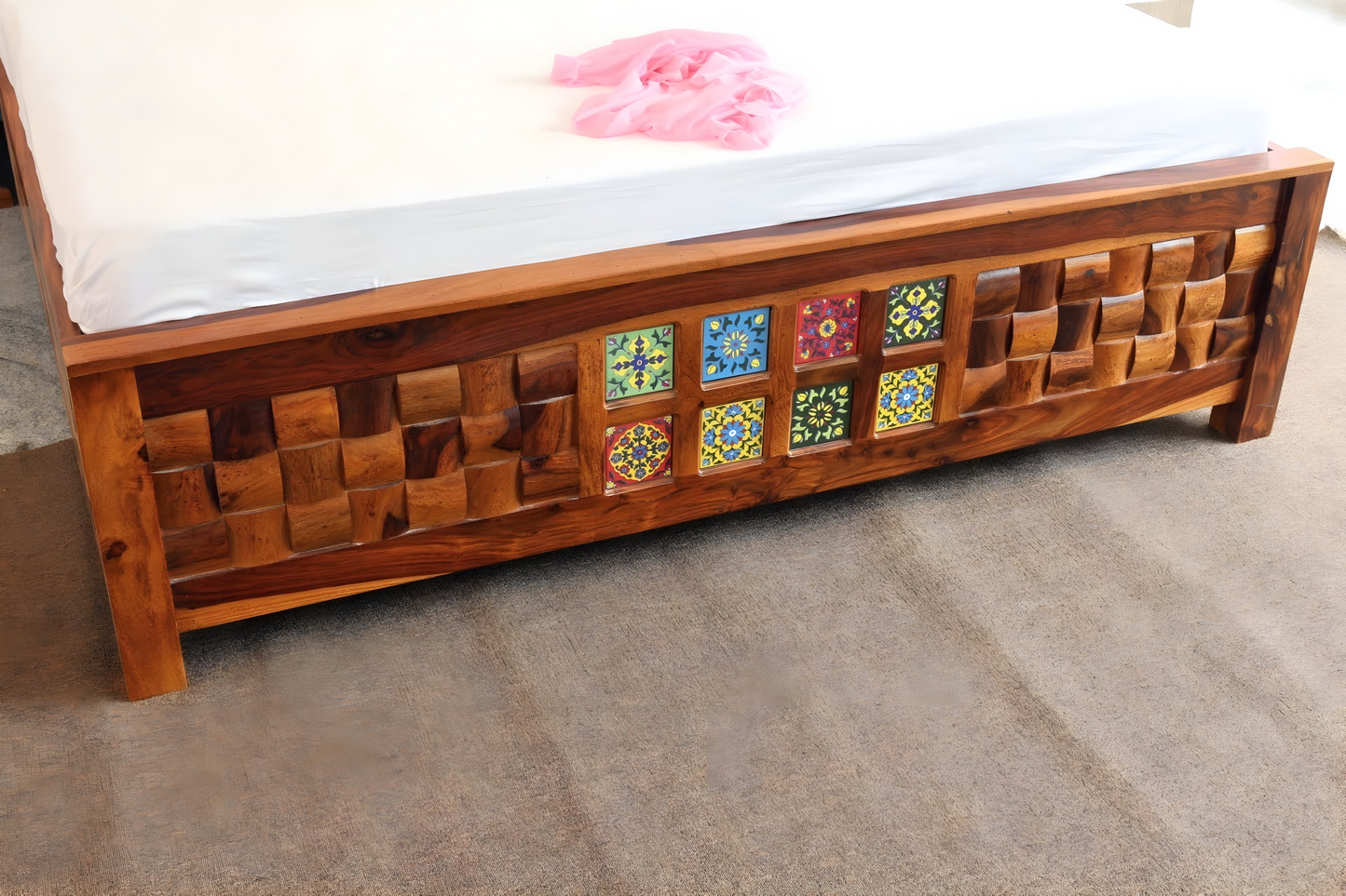 Transform your bedroom with our Tiles Solid Wood Storage Bed, made with sheesham wood and ceramic tiles designs. Shop tradition design wooden beds with storage in Bangalore today !