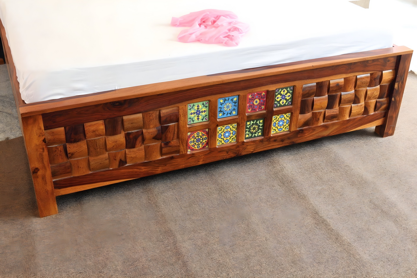 Transform your bedroom with our Tiles Solid Wood Storage Bed, made with sheesham wood and ceramic tiles. Buy wooden beds with storage in Bangalore today!