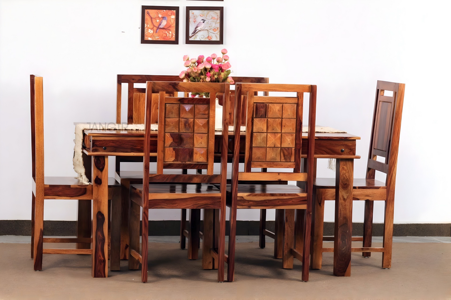Enhance the elegance of your dining space with sheesham wood made Diamond Solid Wood Dining Set Six Seater, Shop now