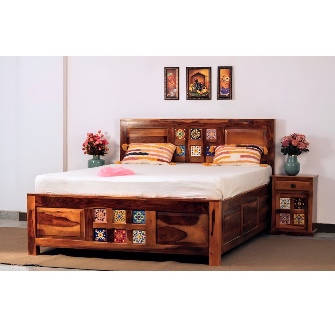 Transform your bedroom with our Tiles Plane Solid Wood Storage Bed, made with sheehsam wood. Explore traditional ceramic tile designs bed with king or queen size in Bangalore today