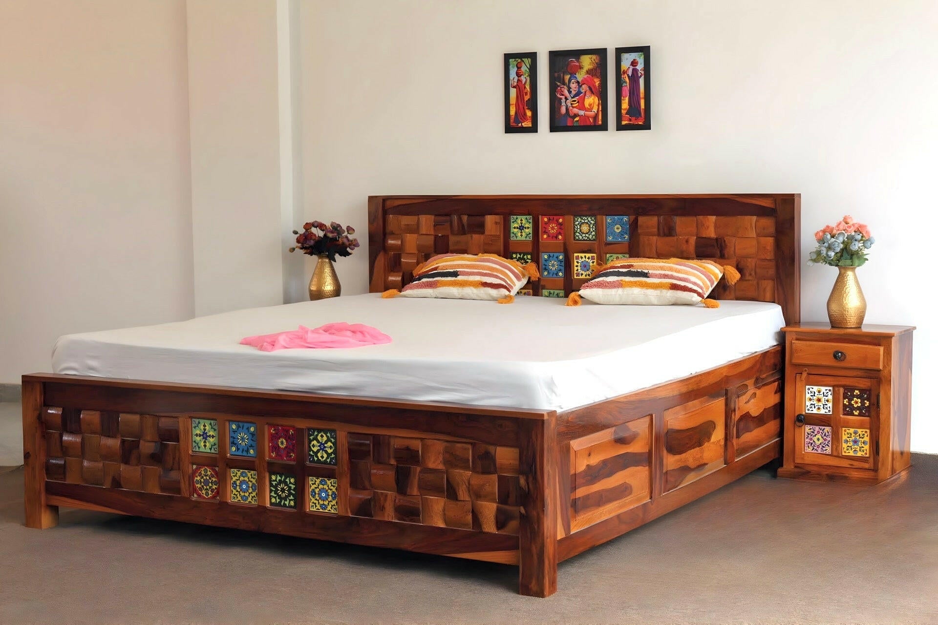 Transform your bedroom with our Tiles Solid Wood Storage Bed, made with sheesham wood and ceramic tiles designs. Shop tradition design wooden beds with storage in Bangalore today !