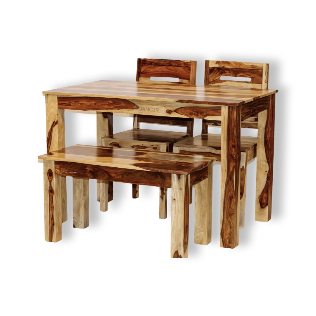 Elevate your dining room with our Apple Solid Wood Dining Table Set with bench, made with sheesham wood. Buy lowest price four seater dining table in Bangalore