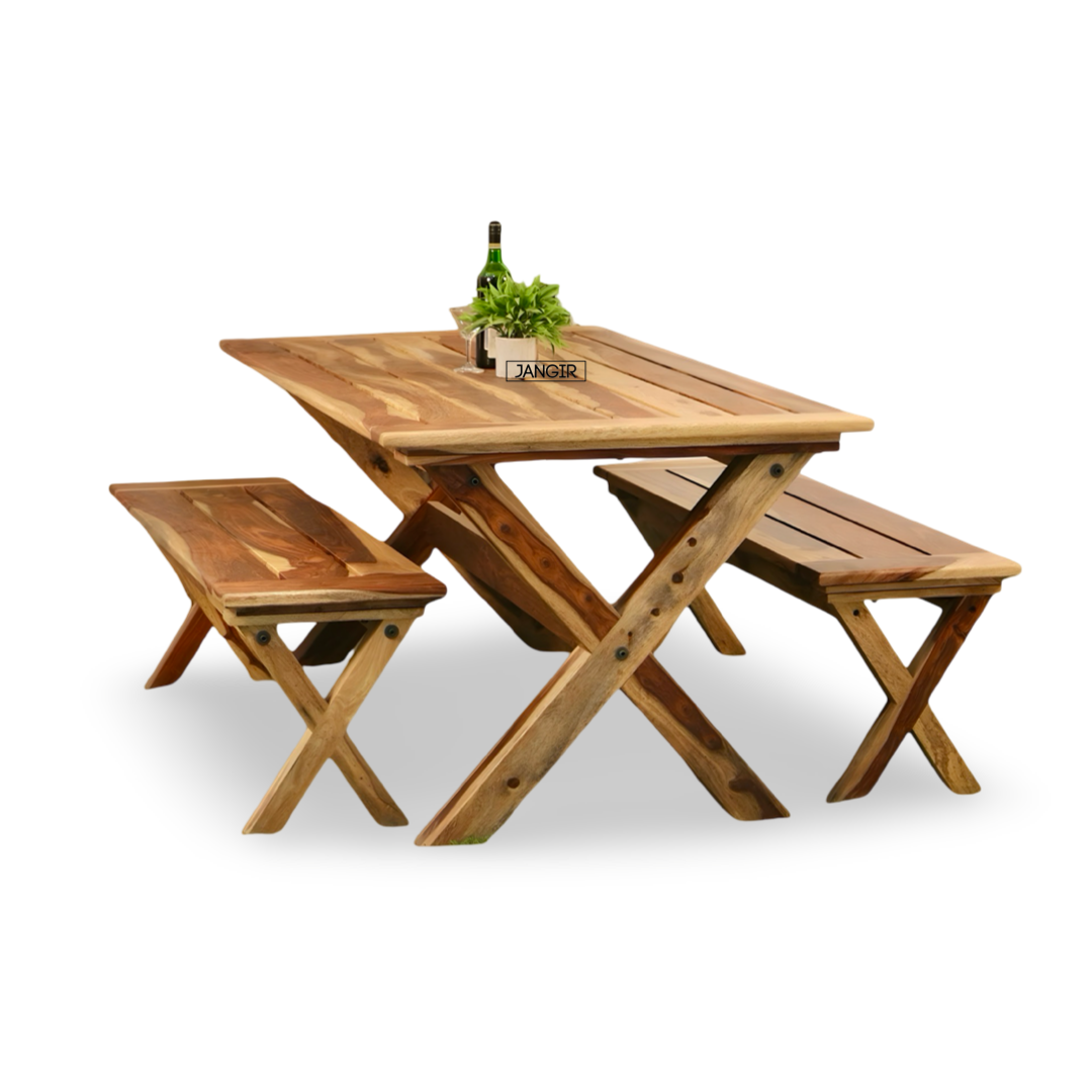 Discover the durable sheesham wood  Lusitania Outdoor Dining Set. Shop all-season Wooden Dining Table for Outdoor, garden and balcony near you in Bangalore