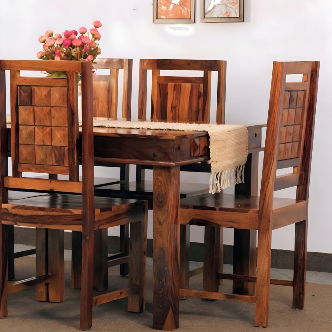Elevate your dining room with our modern diamond dining set, made with sheesham wood. Buy six & four seater modern wooden dining tables near you in Bangalore!