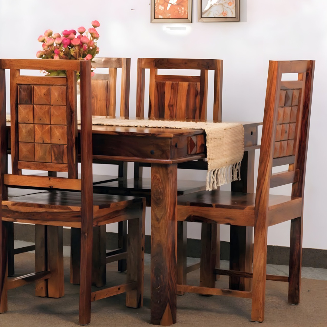 Discover the epitome of sophistication with our modern diamond dining set made with sheesham wood, Elevate your dining room today with our six and four-seater dining tables in Bangalore