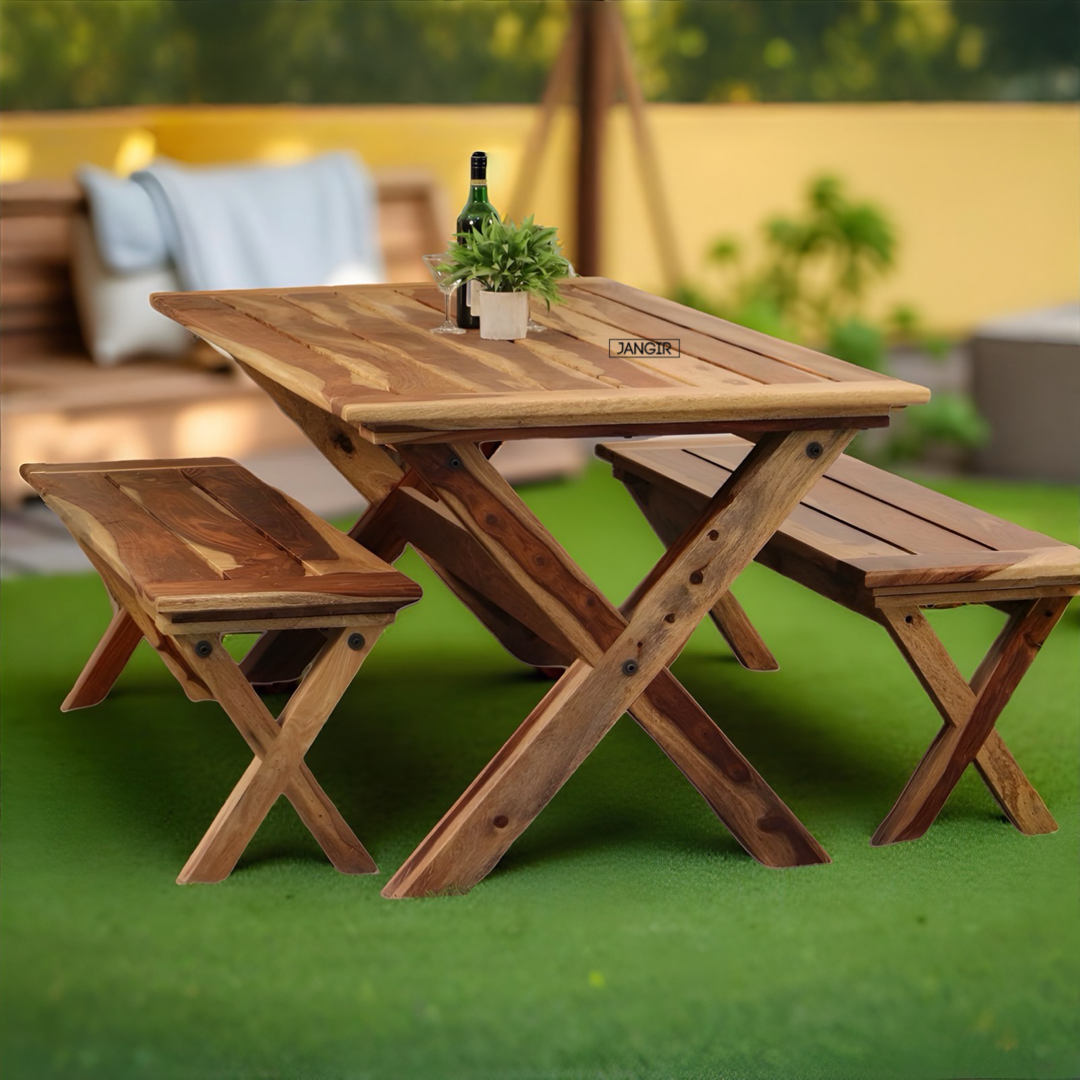 Discover the durable sheesham wood  Lusitania Outdoor Dining Set. Shop all-season Wooden Dining Table for Outdoor, garden and balcony near you in Bangalore