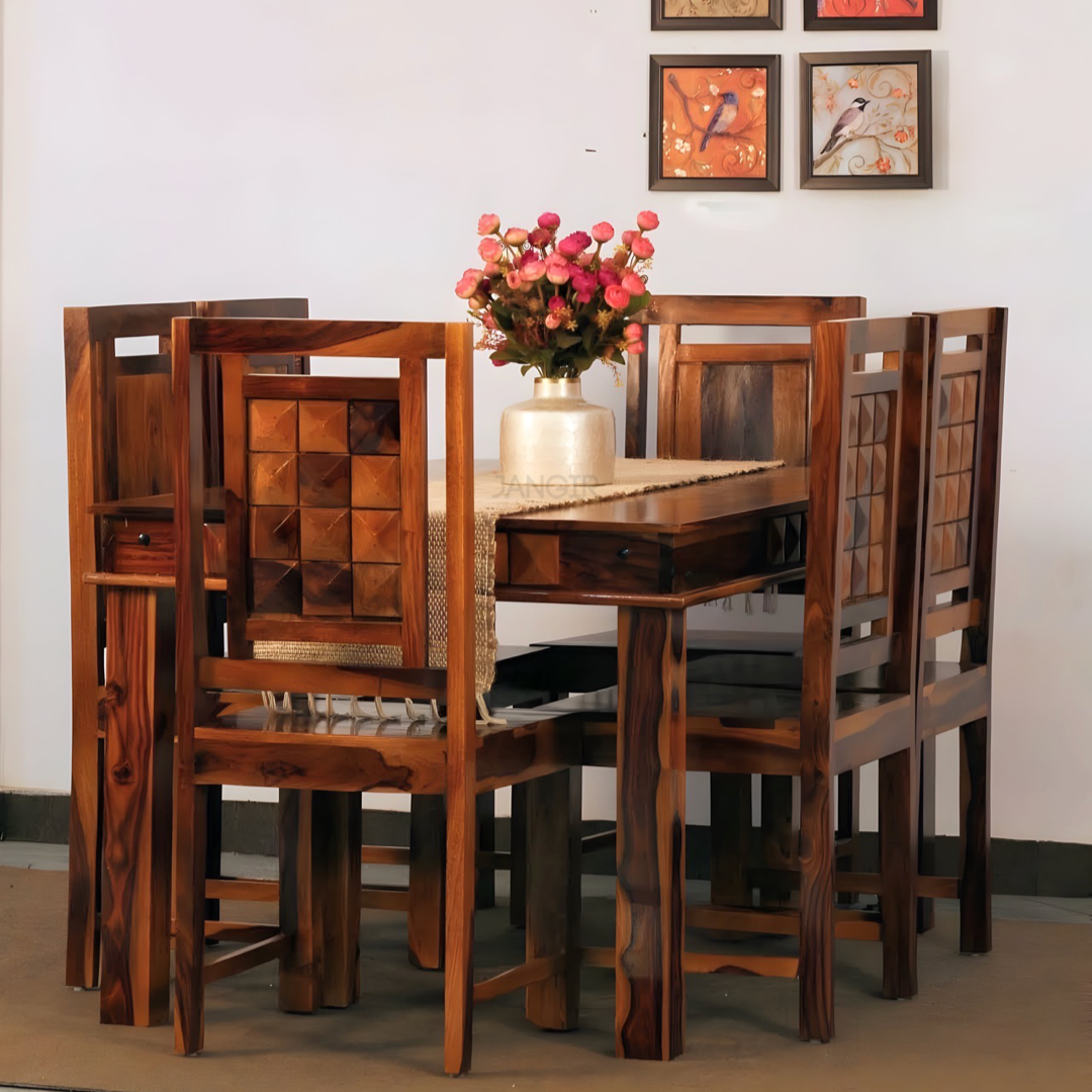 Discover the epitome of sophistication with our modern diamond dining set made with sheesham wood, Elevate your dining room today with our six and four-seater dining tables in Bangalore