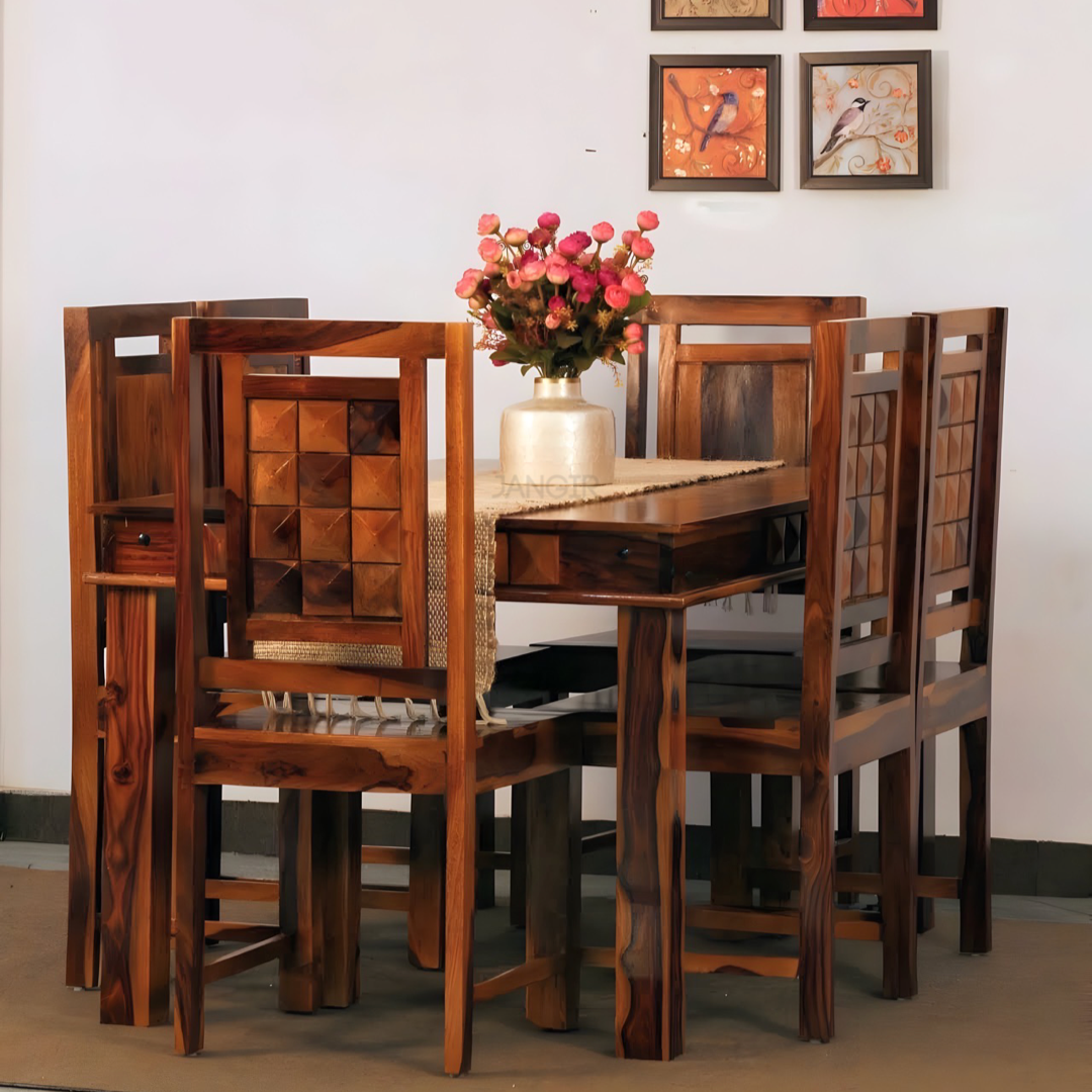 Elevate your dining room with our modern diamond dining set, made with sheesham wood. Buy six & four seater modern wooden dining tables near you in Bangalore!
