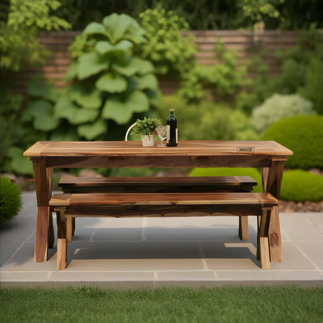 Discover the durable sheesham wood  Lusitania Outdoor Dining Set. Shop all-season Wooden Dining Table for Outdoor, garden and balcony near you in Bangalore
