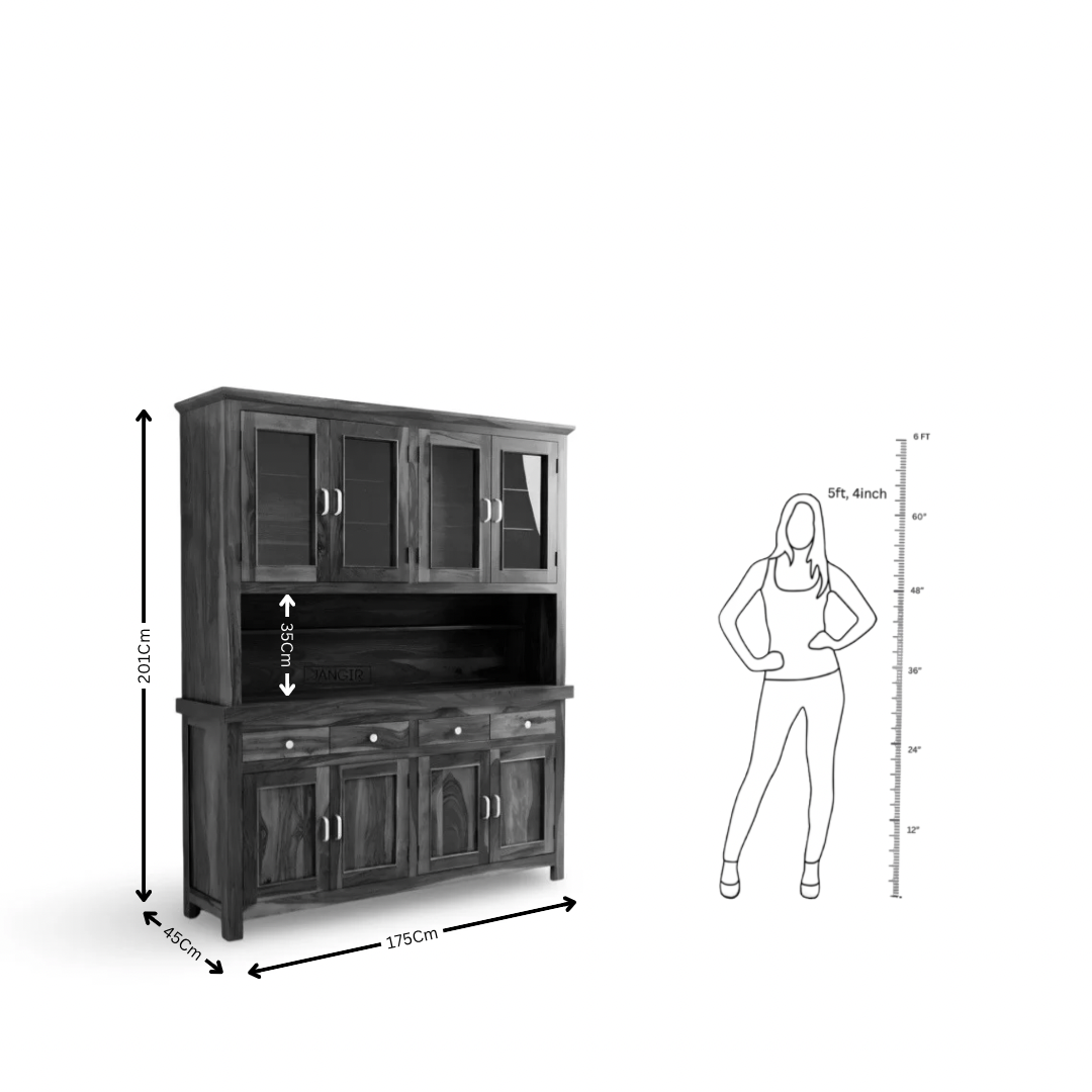 Elevate your dining space with our marval Sheesham Wood Crockery Unit. Buy now for sleek designer kitchen cabinet storage solutions near you in Bangalore