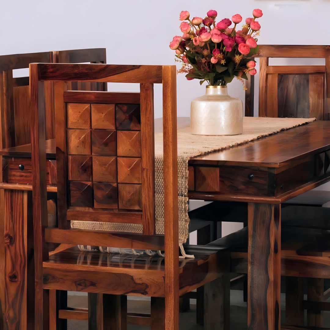 Discover the epitome of sophistication with our modern diamond dining set made with sheesham wood, Elevate your dining room today with our six and four-seater dining tables in Bangalore