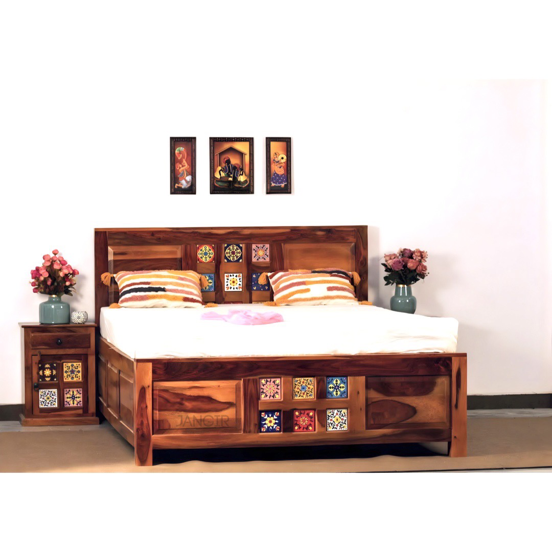 Transform your bedroom with our Tiles Plane Solid Wood Storage Bed, made with sheehsam wood. Explore traditional ceramic tile designs bed with king or queen size in Bangalore today