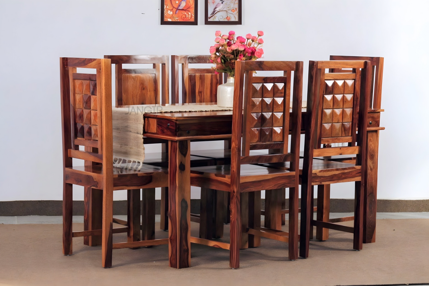 Enhance the elegance of your dining space with sheesham wood made Diamond Solid Wood Dining Set Six Seater, Shop now