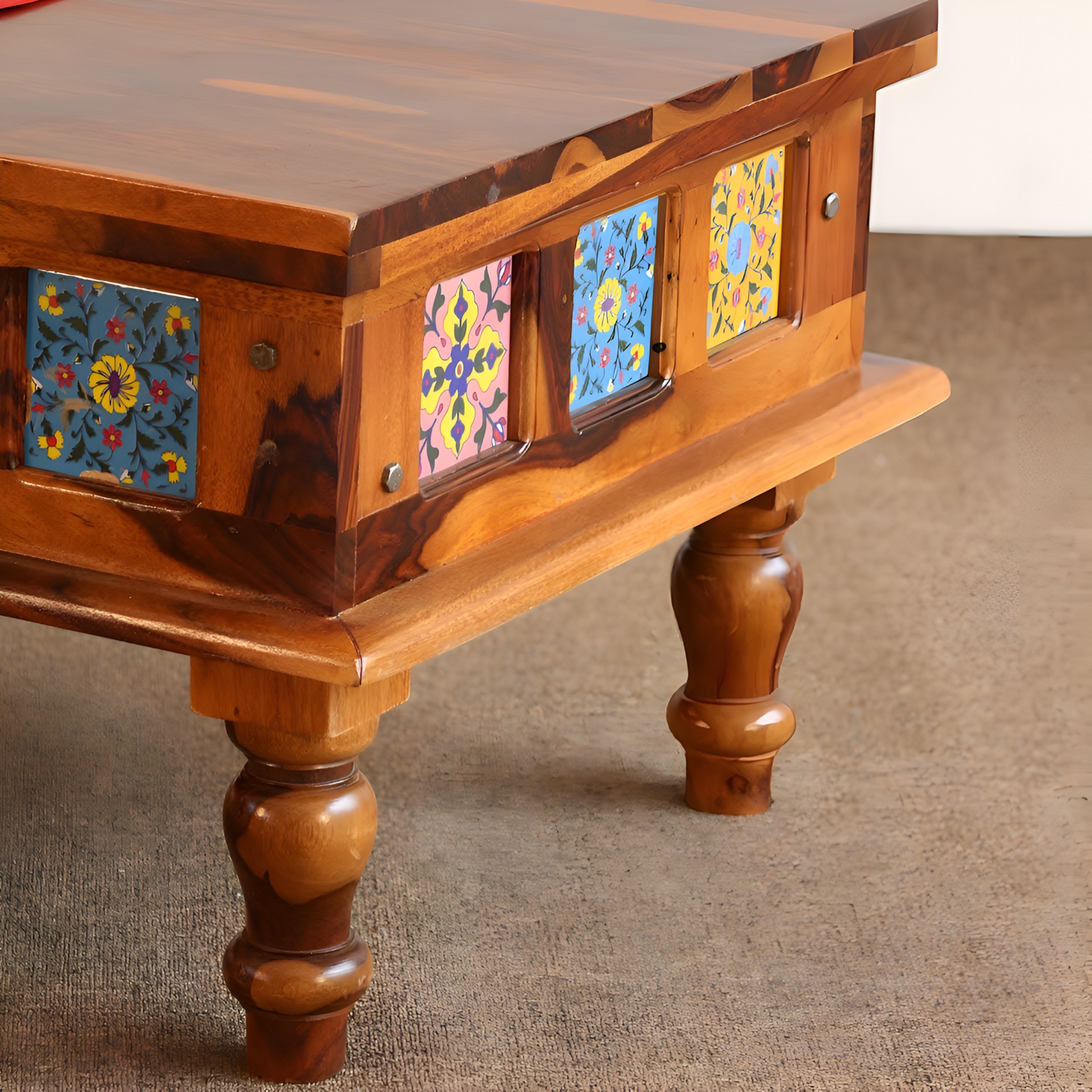 Elevate your living space with stunning sheesham wood coffee tables featuring intricate Rajasthani tile designs. Explore our center table curated selection for a touch of tradition in Bangalore.