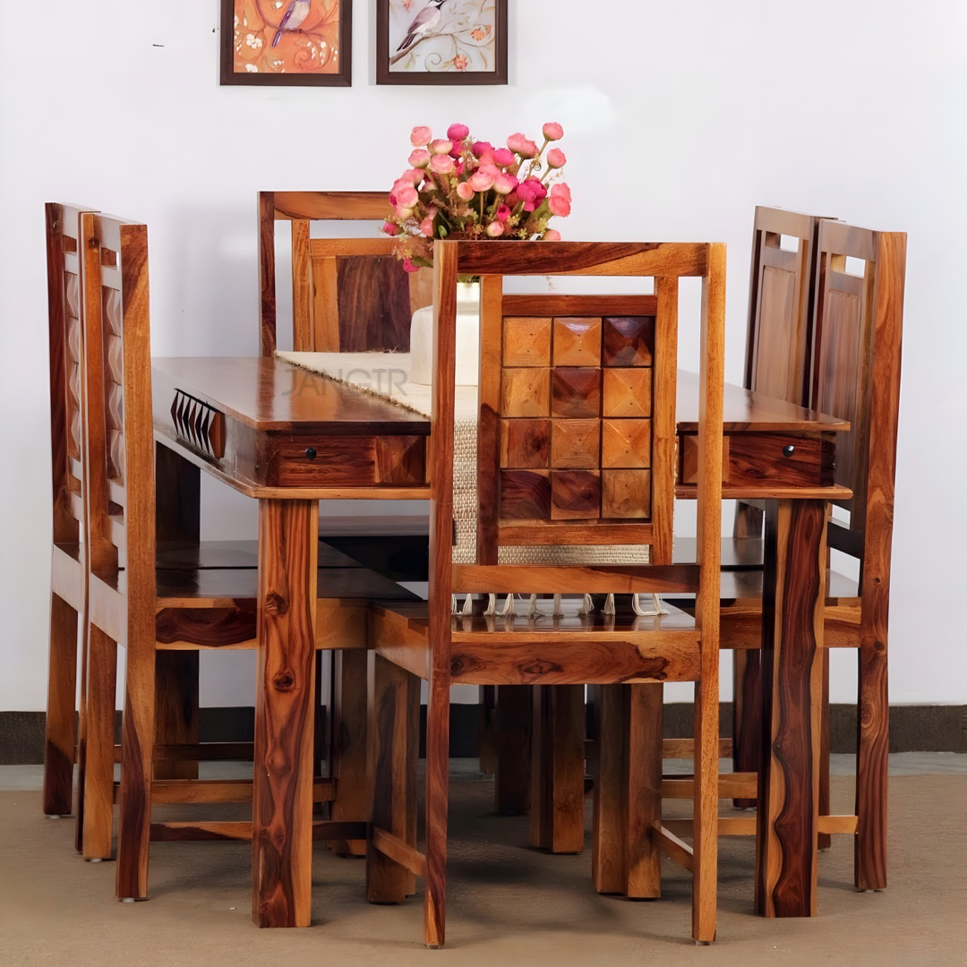 Discover the epitome of sophistication with our modern diamond dining set made with sheesham wood, Elevate your dining room today with our six and four-seater dining tables in Bangalore