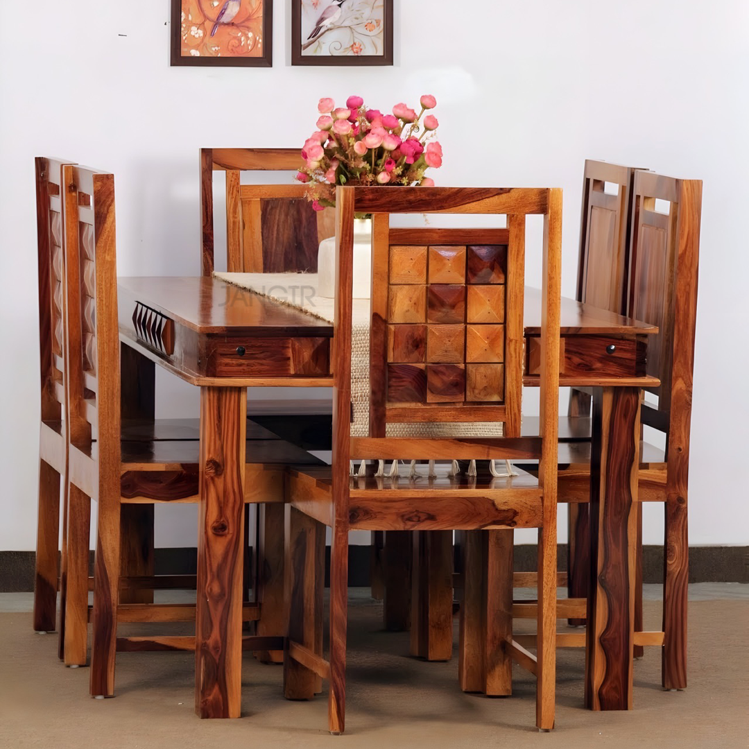 Elevate your dining room with our modern diamond dining set, made with sheesham wood. Buy six & four seater modern wooden dining tables near you in Bangalore!