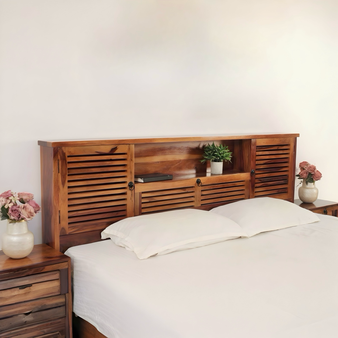 Discover the elegant Sheesham wood bed with sleek headboard storage. Buy king and queen size wooden beds near you in Bangalore to enhance your bedroom space!