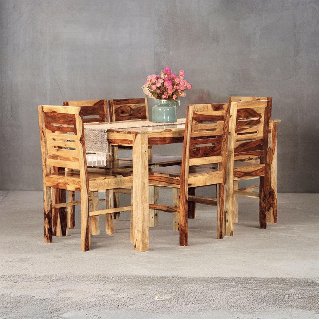 Experience the beauty and durability of solid wood  six seater dining table set with lowest price near you in Bangalore. Made from sheesham wood, adds a touch of sophistication to your home. Shop now!