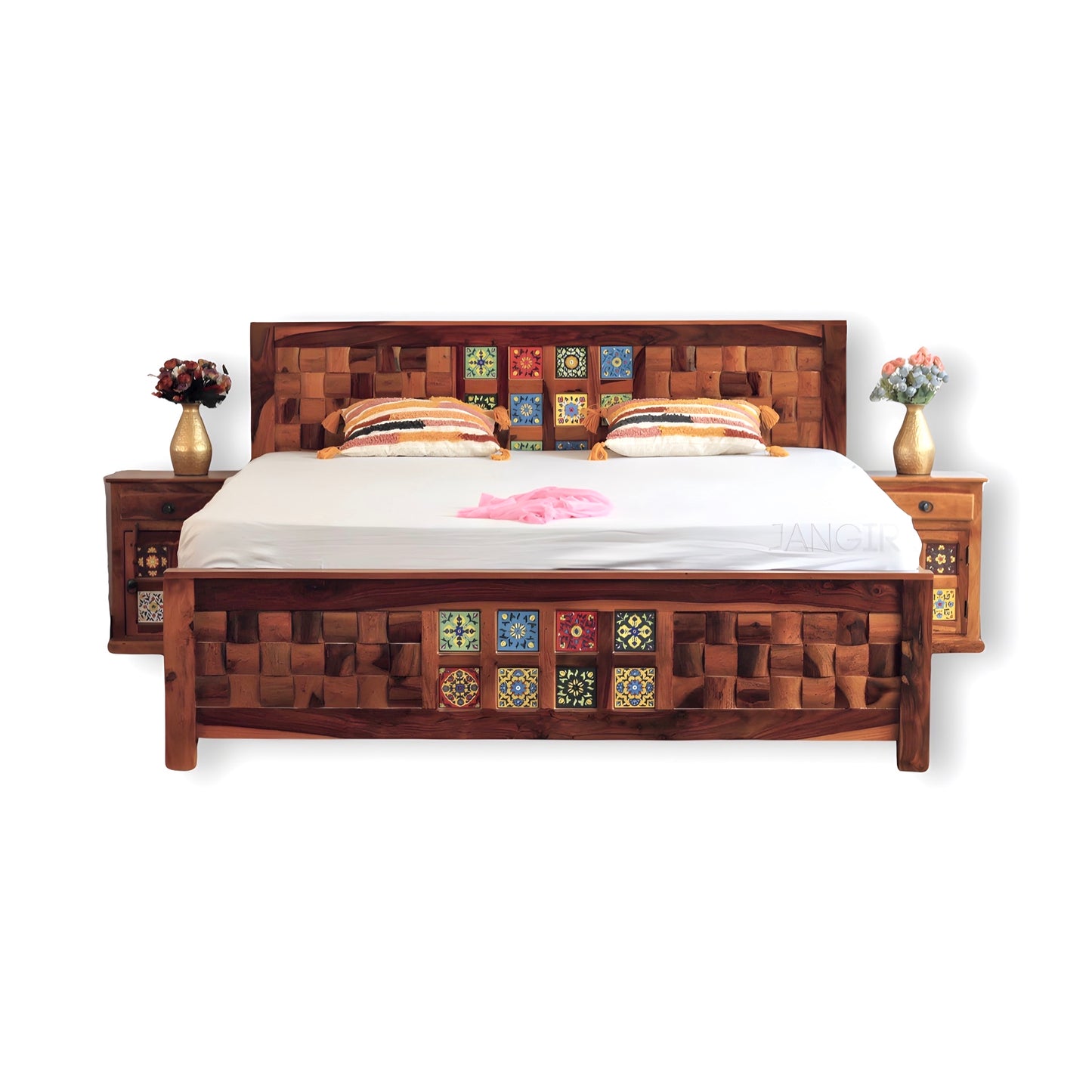 'Transform your bedroom with our exquisite collection of Tiles Plane Solid Wood Storage Bed, with traditional Rajasthani tile designs while experiencing true comfort in king or queen size variants.