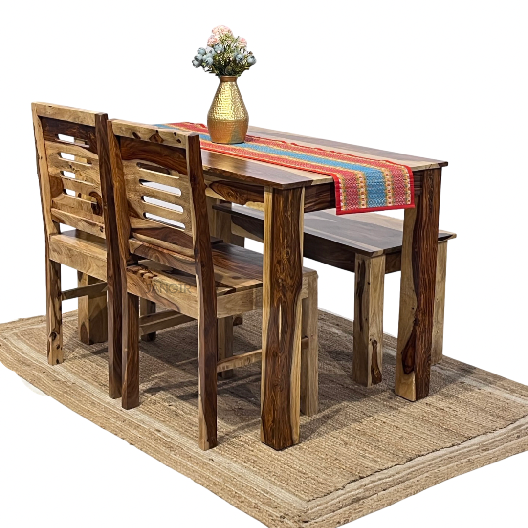 Elevate your dining room with our Apple Solid Wood Dining Table Set with bench, made with sheesham wood. Buy lowest price four seater dining table in Bangalore