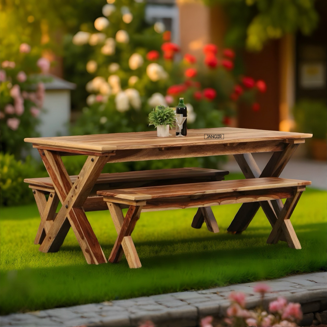 Discover the durable sheesham wood  Lusitania Outdoor Dining Set. Shop all-season Wooden Dining Table for Outdoor, garden and balcony near you in Bangalore