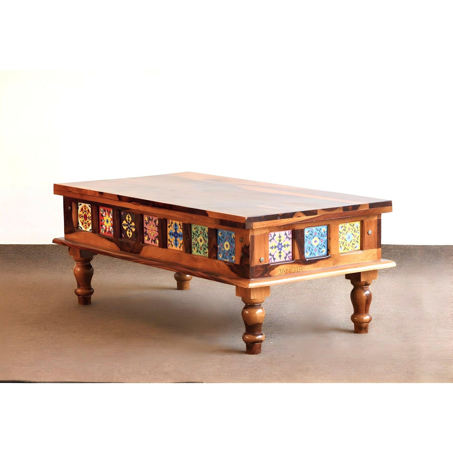 Elevate your living space with stunning sheesham wood coffee tables featuring intricate Rajasthani tile designs. Explore our center table curated selection for a touch of tradition in Bangalore.