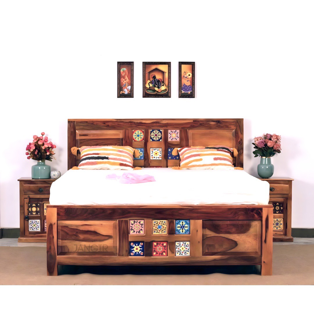 Transform your bedroom with our Tiles Plane Solid Wood Storage Bed, made with sheehsam wood. Explore traditional ceramic tile designs bed with king or queen size in Bangalore today