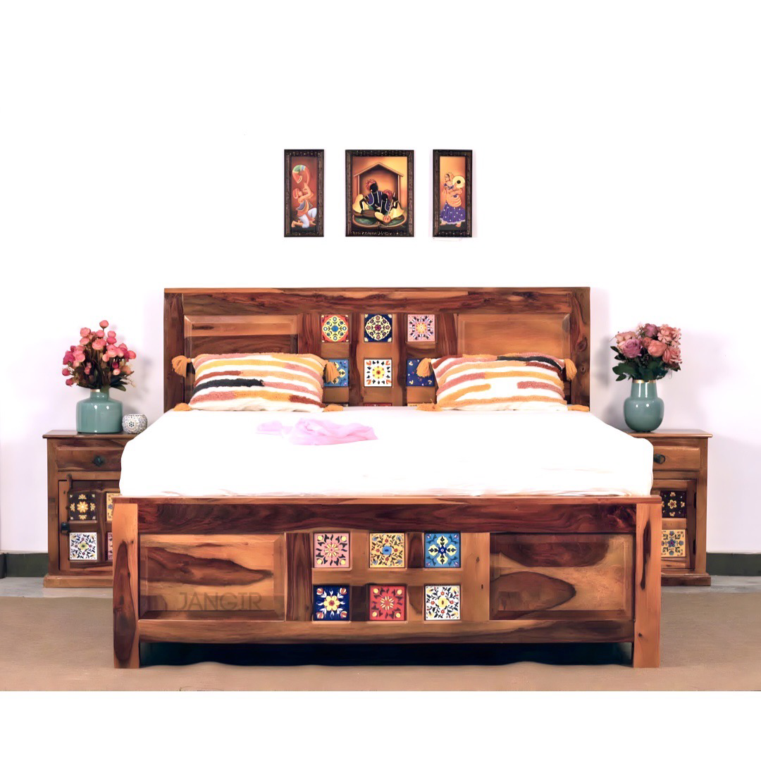 Elevate your bedroom with our Tiles Plane Solid Wood Storage Bed, made with sheehsam wood. Buy ceramic tile designs king or queen size double bed in Bangalore