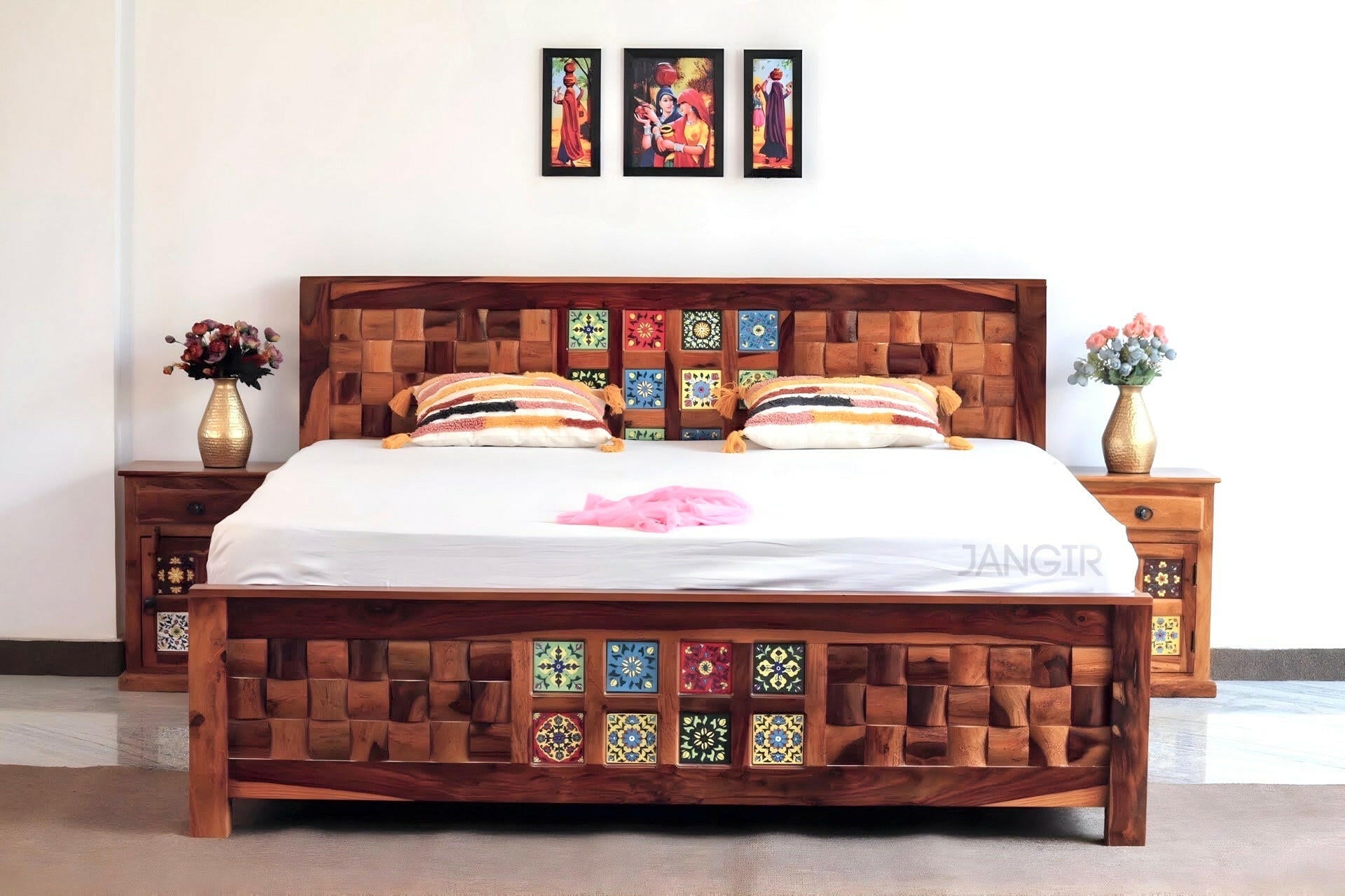 Transform your bedroom with our Tiles Solid Wood Storage Bed, made with sheesham wood and ceramic tiles designs. Shop tradition design wooden beds with storage in Bangalore today !