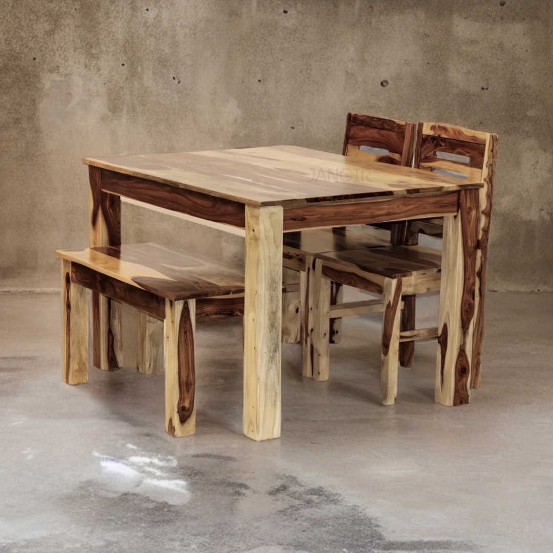Elevate your dining room with our Apple Solid Wood Dining Table Set with bench, made with sheesham wood. Buy lowest price four seater dining table in Bangalore