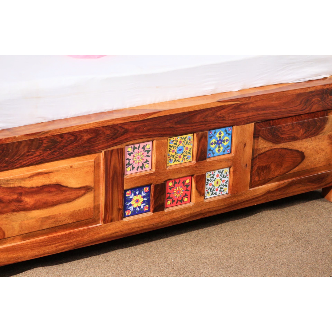 Transform your bedroom with our Tiles Plane Solid Wood Storage Bed, made with sheehsam wood. Explore traditional ceramic tile designs bed with king or queen size in Bangalore today