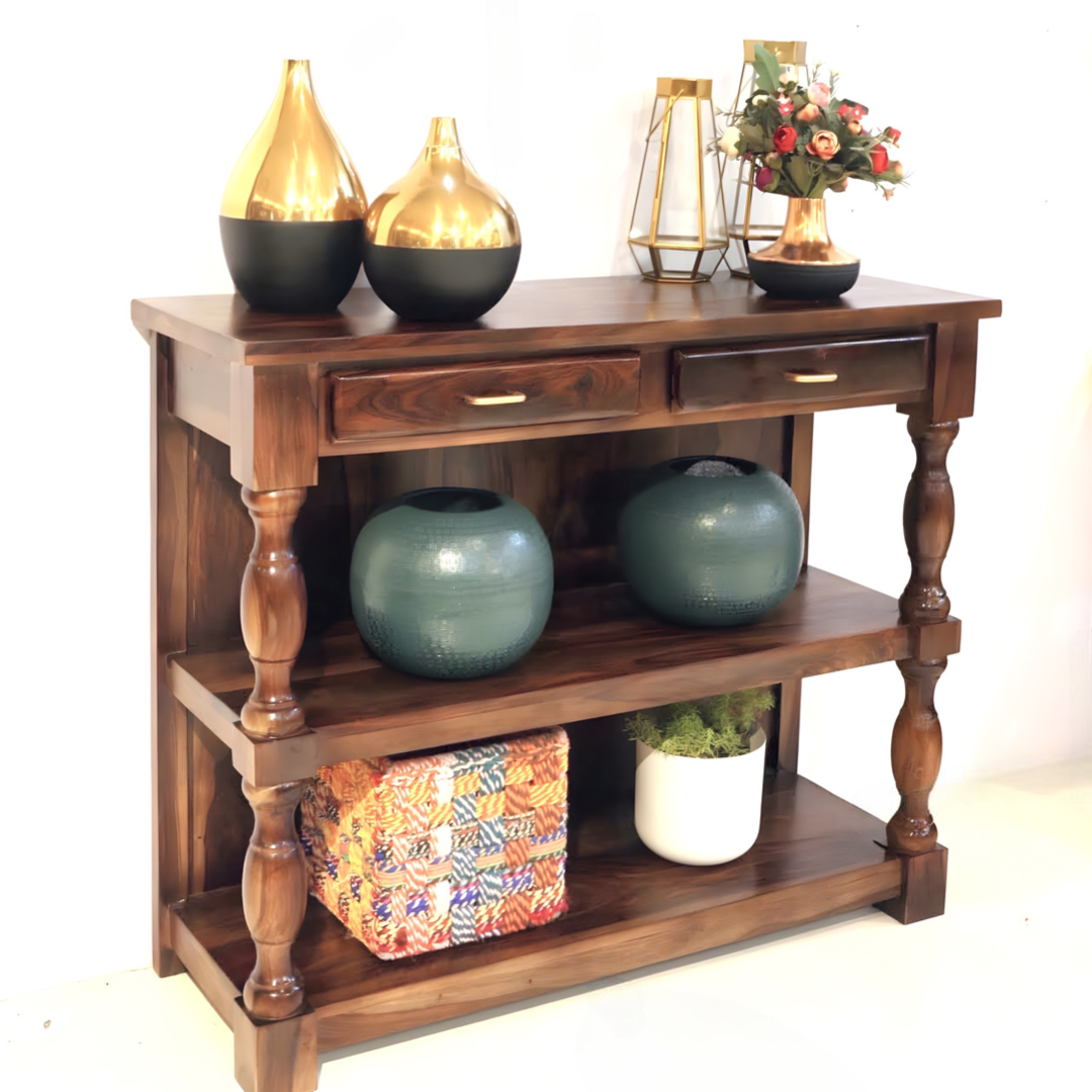 Elevate your space with this versatile Remedy Solid Wood Console Table, crafted from sheesham wood. This console table features ample storage for all your essentials. Shop now!