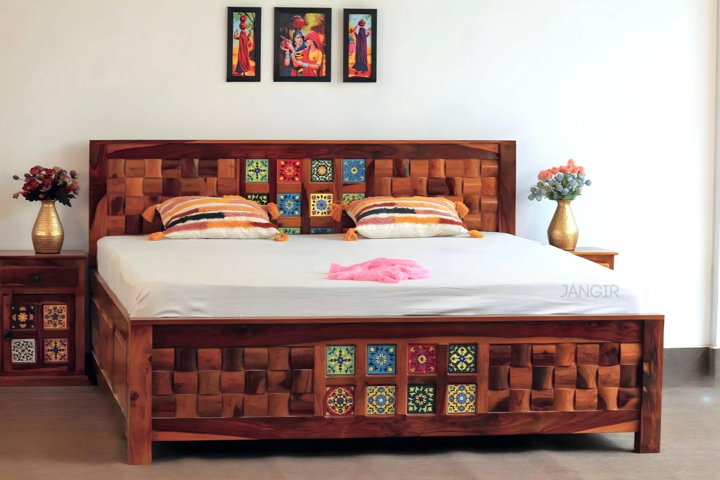 Transform your bedroom with our Tiles Solid Wood Storage Bed, made with sheesham wood and ceramic tiles. Buy wooden beds with storage in Bangalore today!