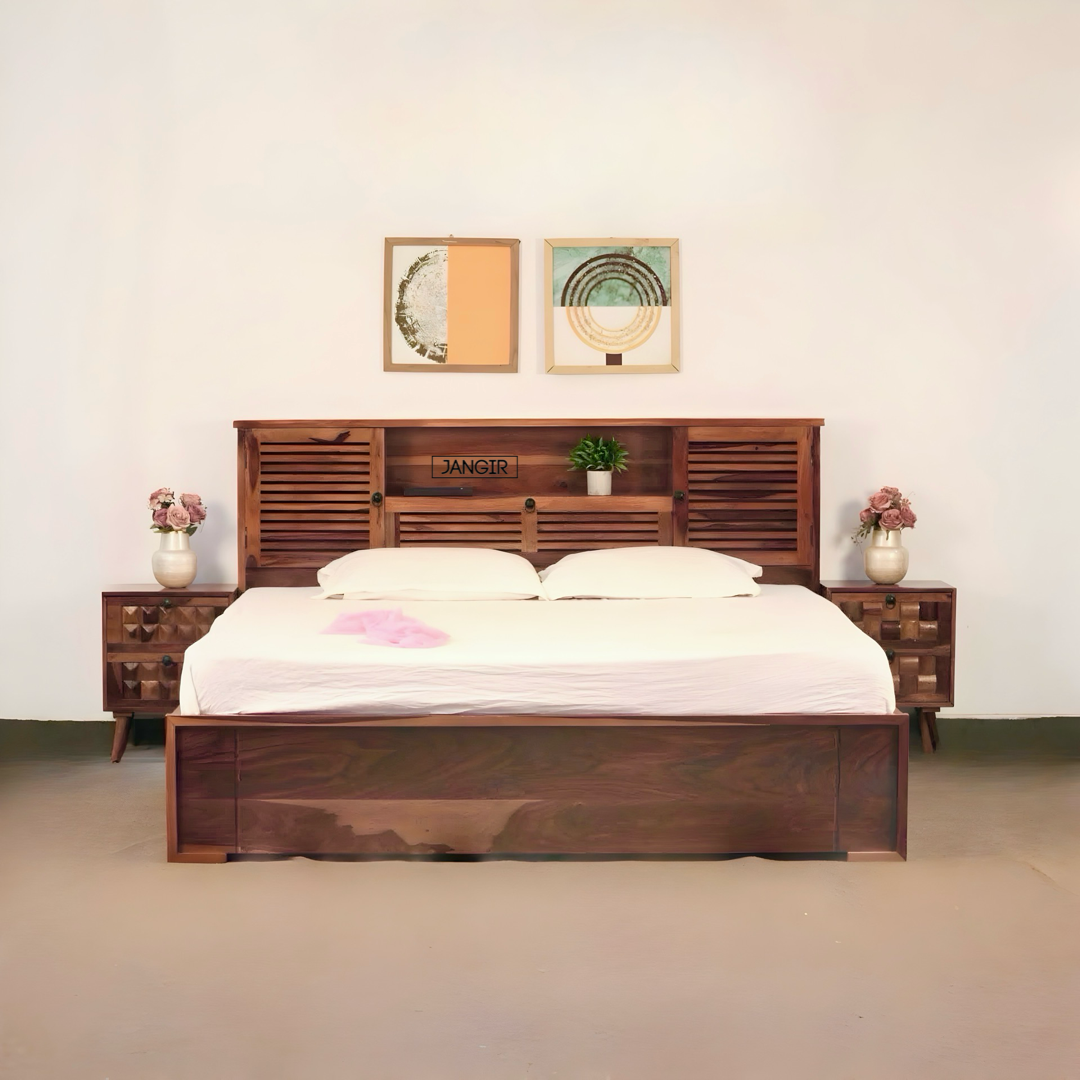 Discover the elegant Sheesham wood bed with sleek headboard storage. Buy king and queen size wooden beds near you in Bangalore to enhance your bedroom space!