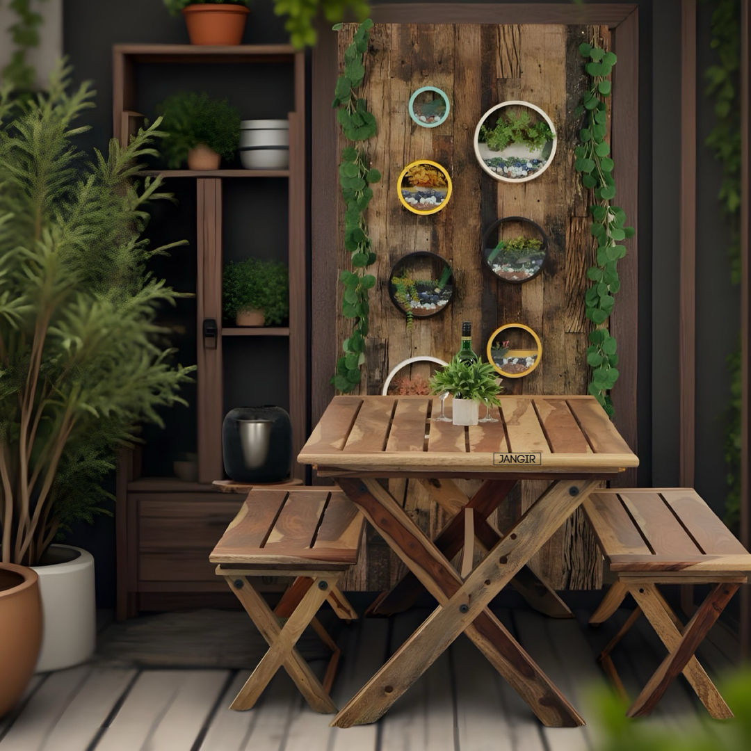 Discover the durable sheesham wood  Lusitania Outdoor Dining Set. Shop all-season Wooden Dining Table for Outdoor, garden and balcony near you in Bangalore