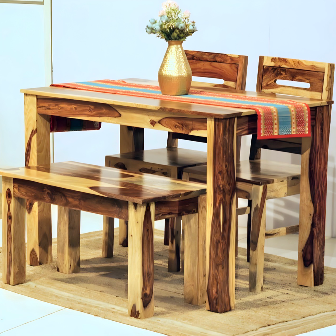 Elevate your dining room with our Apple Solid Wood Dining Table Set with bench, made with sheesham wood. Buy lowest price four seater dining table in Bangalore