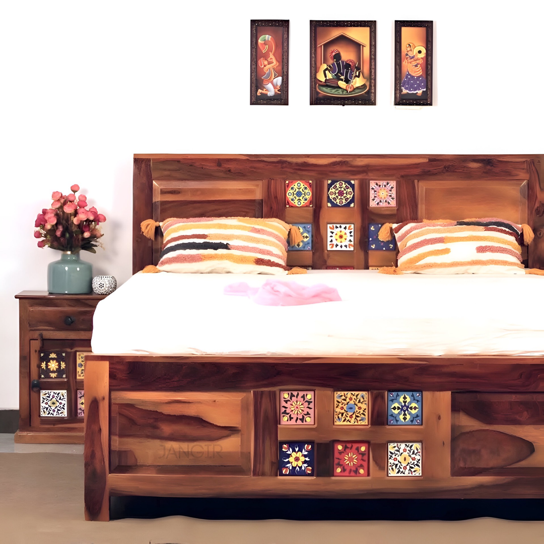 Transform your bedroom with our Tiles Plane Solid Wood Storage Bed, made with sheehsam wood. Explore traditional ceramic tile designs bed with king or queen size in Bangalore today