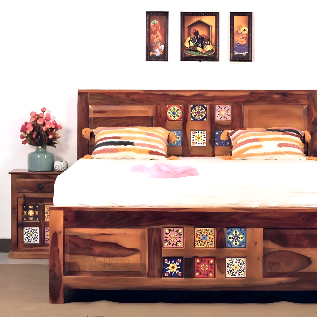Elevate your bedroom with our Tiles Plane Solid Wood Storage Bed, made with sheehsam wood. Buy ceramic tile designs king or queen size double bed in Bangalore