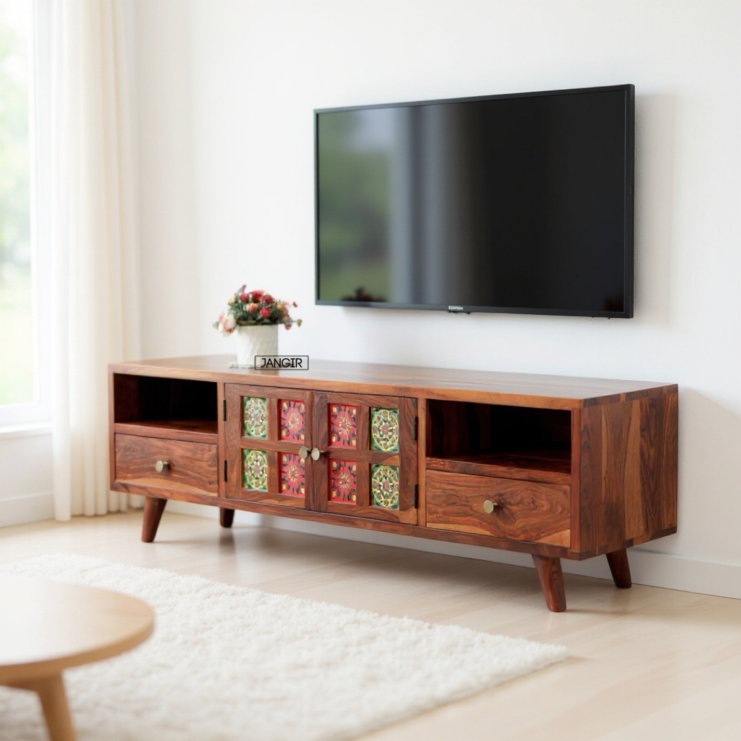 Upgrade your living room with Tiles solid wood TV Unit, sheesham Wood made. Buy Traditional tiles design, durable quality wooden TV Unit near you in Bangalore!