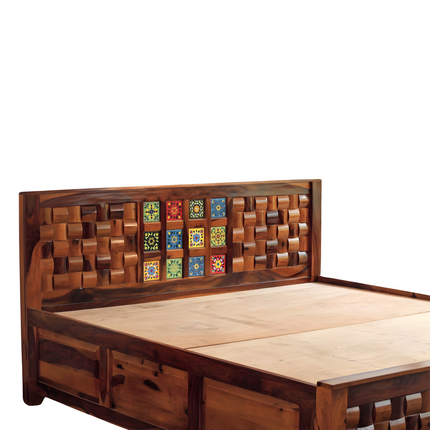 Transform your bedroom with our Tiles Solid Wood Storage Bed, made with sheesham wood and ceramic tiles designs. Shop tradition design wooden beds with storage in Bangalore today !