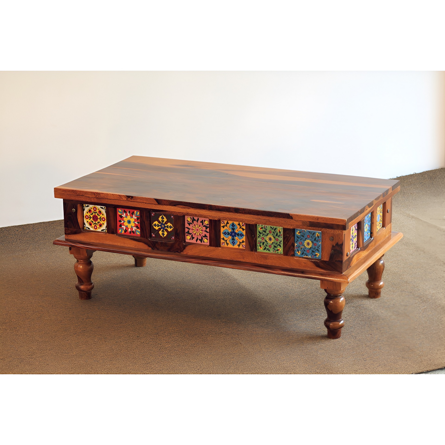 Elevate your living space with stunning sheesham wood coffee tables featuring intricate Rajasthani tile designs. Explore our center table curated selection for a touch of tradition in Bangalore.