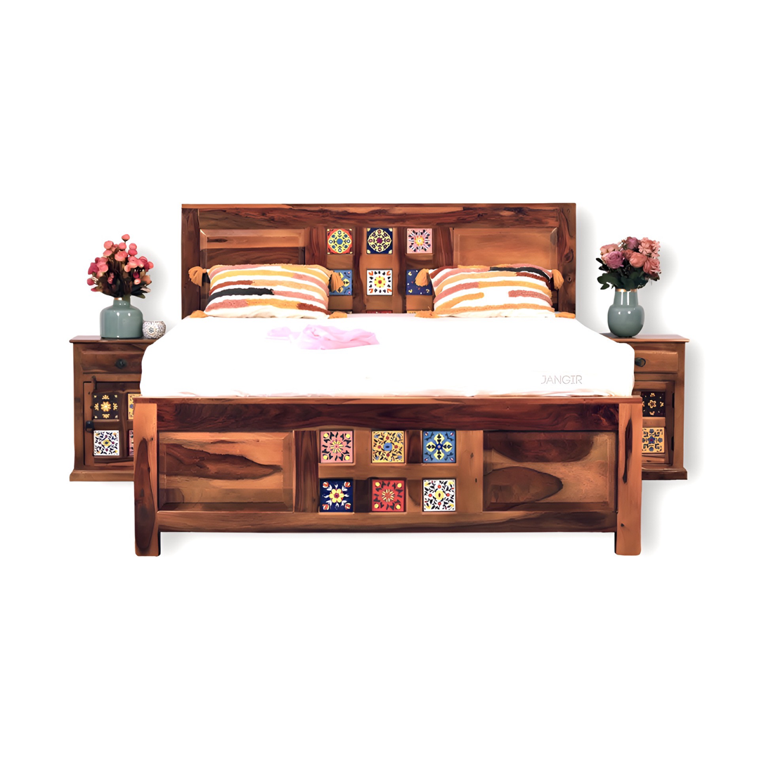 "Transform your bedroom with our exquisite collection of Tiles Plane Solid Wood Storage Bed, with traditional Rajasthani tile designs while experiencing true comfort in king or queen size variants.