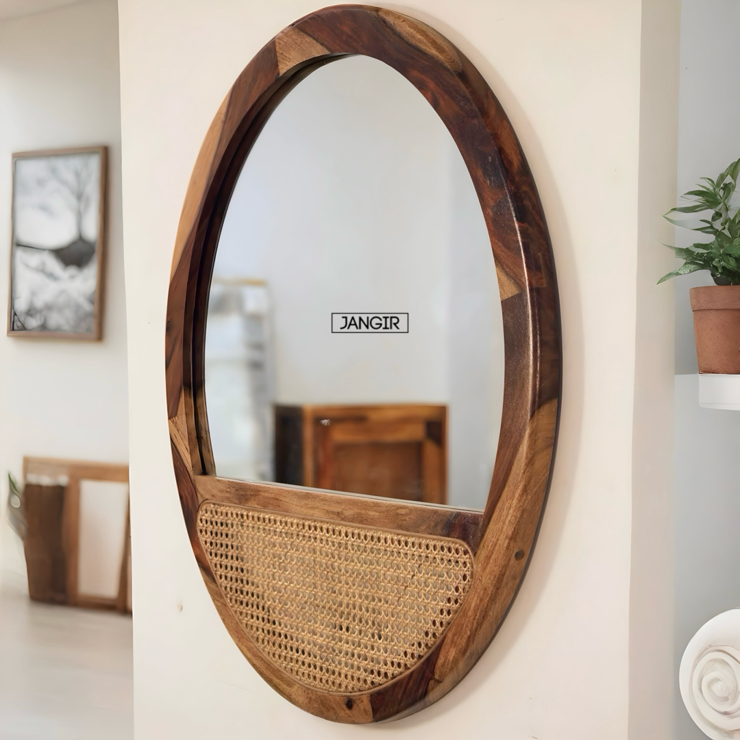 Brighten your space with sheesham wood and natural cane made round Mailla Cane Wall Mirror. Buy decorative wall mirror near you in Bangalore for home décor!