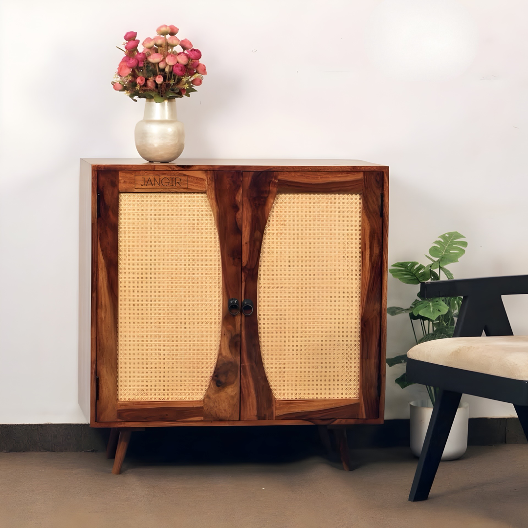 Upgrade your living room with our Mewar Cane Cabinet With Two Doors, made from sheesham wood. Buy Wicker/ Rattan Cabinet for living room near you in Bangalore