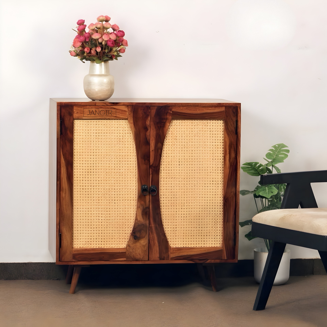 Upgrade your living room with our Cane Cabinet, made from natural cane and sheesham wood.  Our Sideboard with two doors is the perfect any home. Shop online or visit our Bangalore store today.