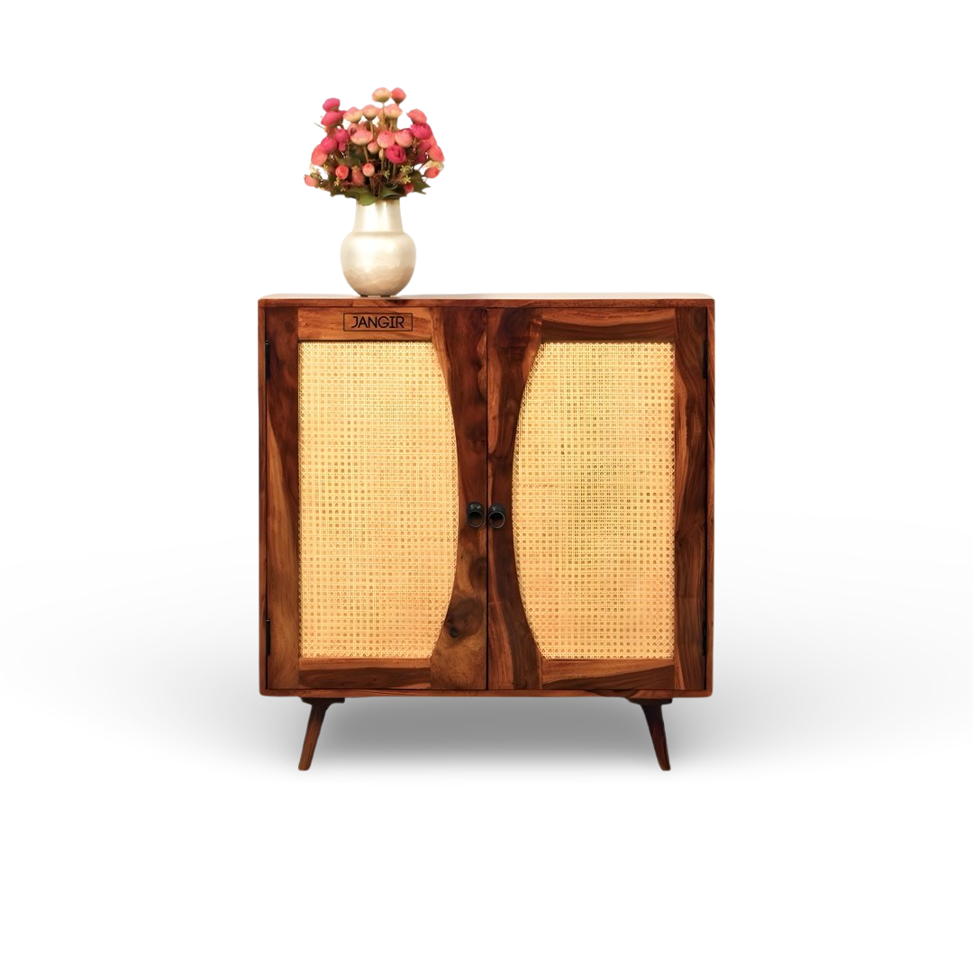 Upgrade your living room with our Mewar Cane Cabinet With Two Doors, made from sheesham wood. Buy Wicker/ Rattan Cabinet for living room near you in Bangalore