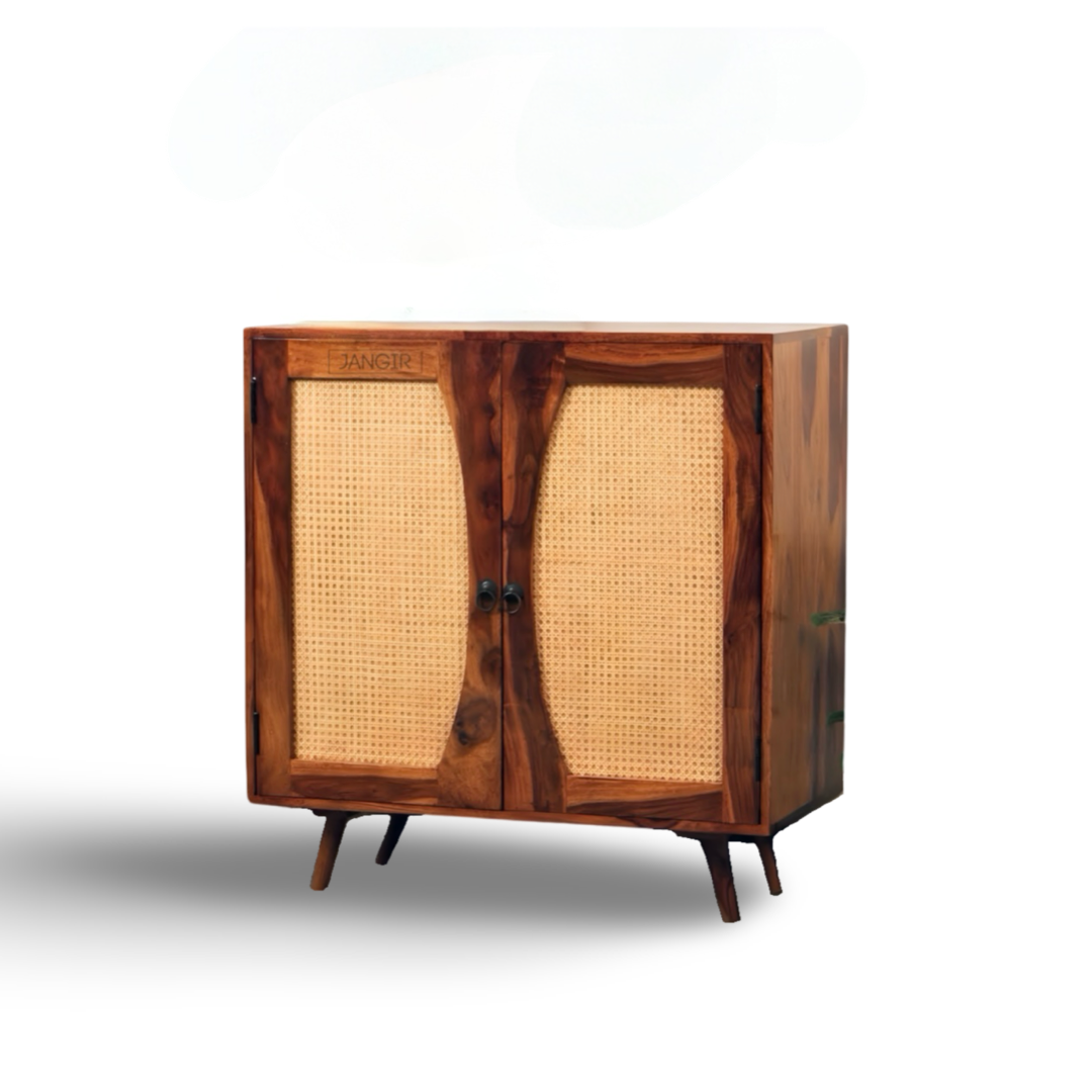 Upgrade your living room with our Mewar Cane Cabinet With Two Doors, made from sheesham wood. Buy Wicker/ Rattan Cabinet for living room near you in Bangalore