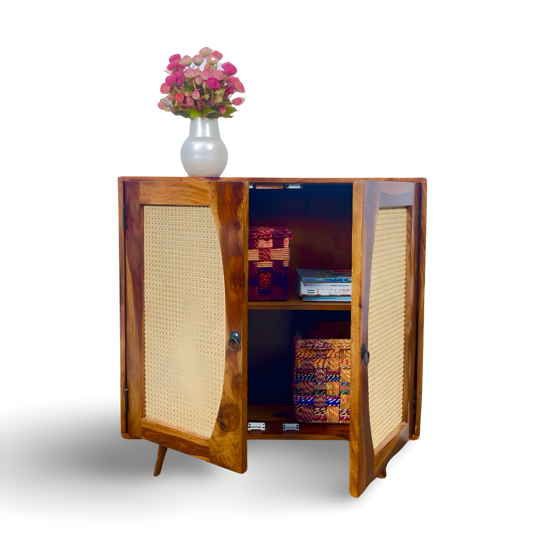 Upgrade your living room with our Mewar Cane Cabinet With Two Doors, made from sheesham wood. Buy Wicker/ Rattan Cabinet for living room near you in Bangalore