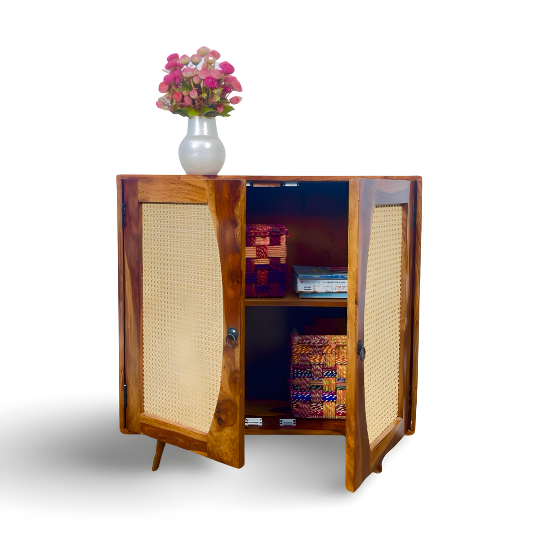 Upgrade your living room with our Cane Cabinet, made from natural cane and sheesham wood.  Our Sideboard with two doors is the perfect any home. Shop online or visit our Bangalore store today.