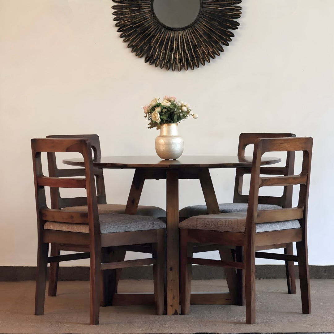 Upgrade your dining experience with Stear Round Dining Table Set made from sheesham wood, ensure durability and modern style with this four seater dining table set. Elevate your dining room now.